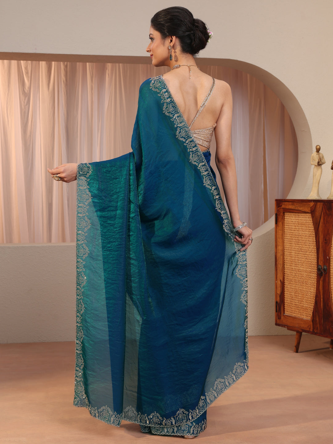 Pacific Blue Tissue Saree With Embroidered Border