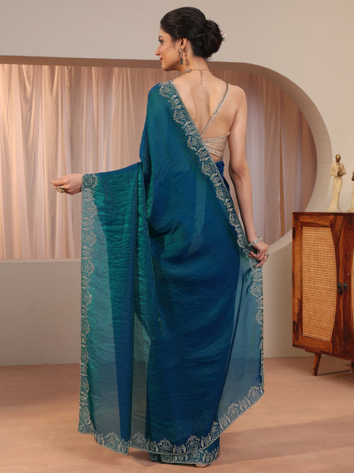 Pacific Blue Tissue Saree With Embroidered Border