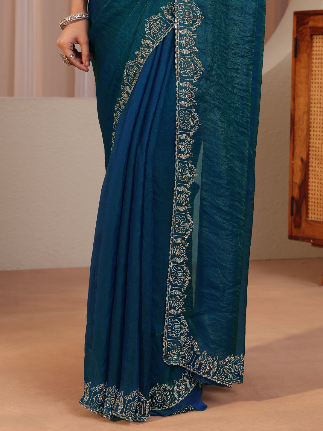 Pacific Blue Tissue Saree With Embroidered Border