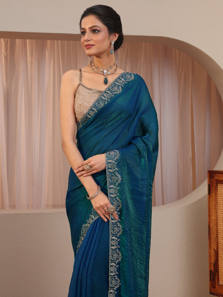 Pacific Blue Tissue Saree With Embroidered Border