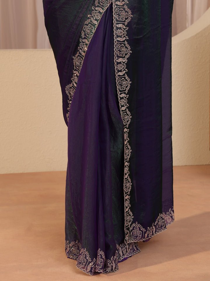 Royal Purple Tissue Saree With Embroidered Border