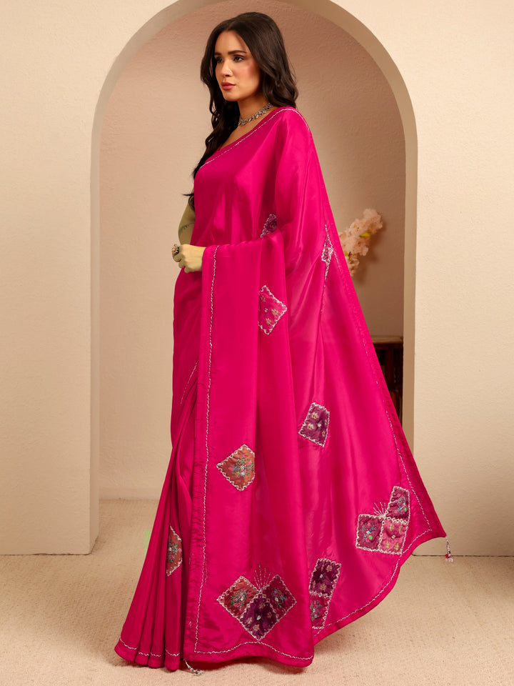 Libas Rani Pink Applique Embellished Satin Saree