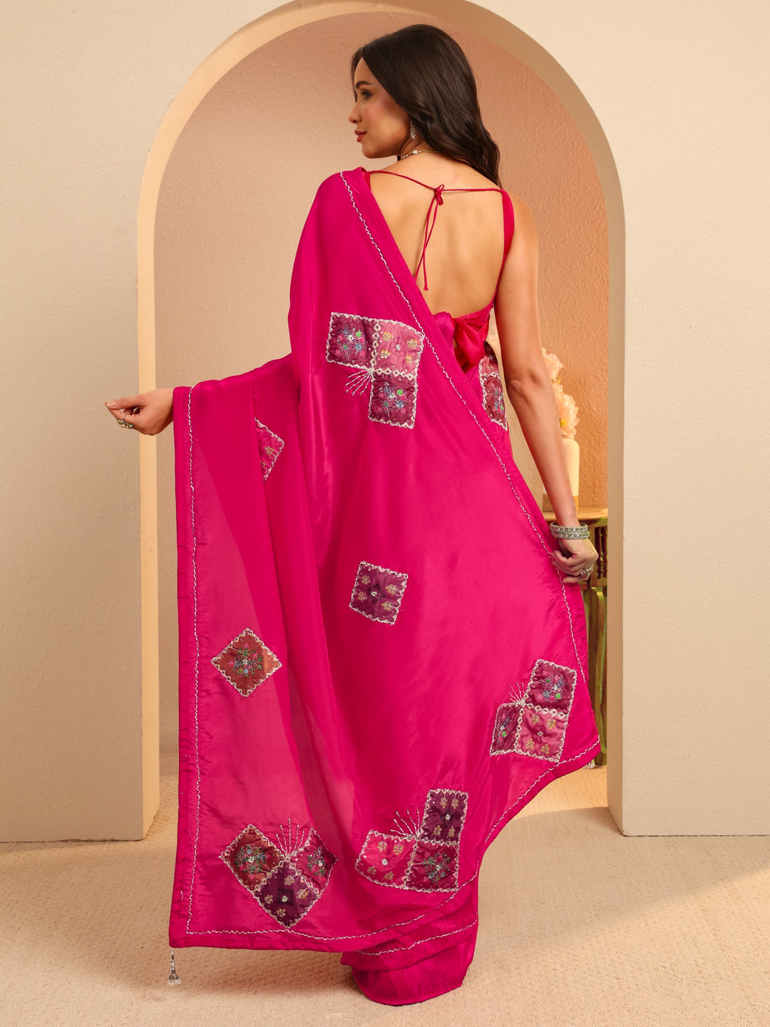 Libas Rani Pink Applique Embellished Satin Saree