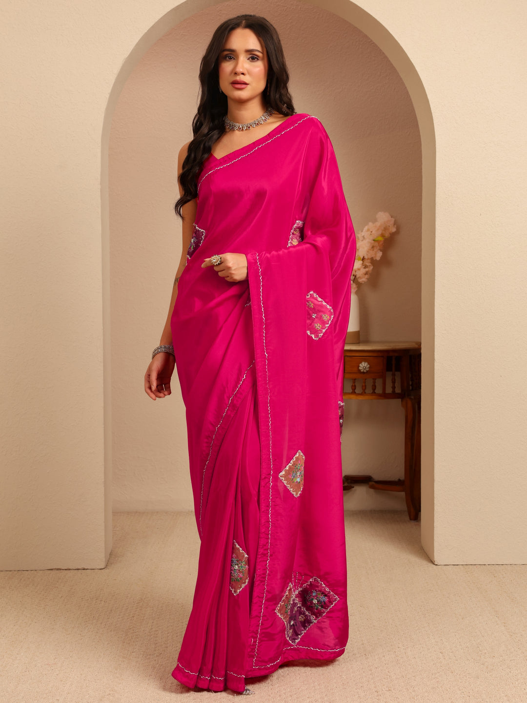 Libas Rani Pink Applique Embellished Satin Saree