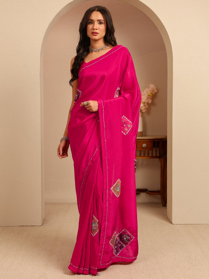 Libas Rani Pink Applique Embellished Satin Saree