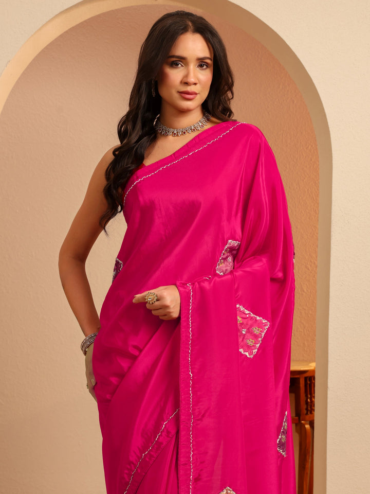Libas Rani Pink Applique Embellished Satin Saree