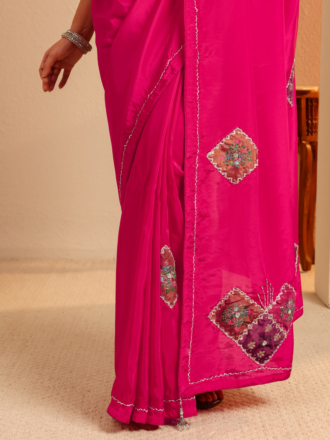Libas Rani Pink Applique Embellished Satin Saree