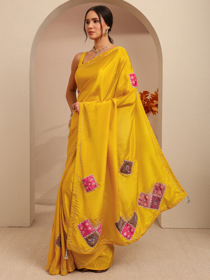 Libas Mustard Applique Embellished Satin Saree