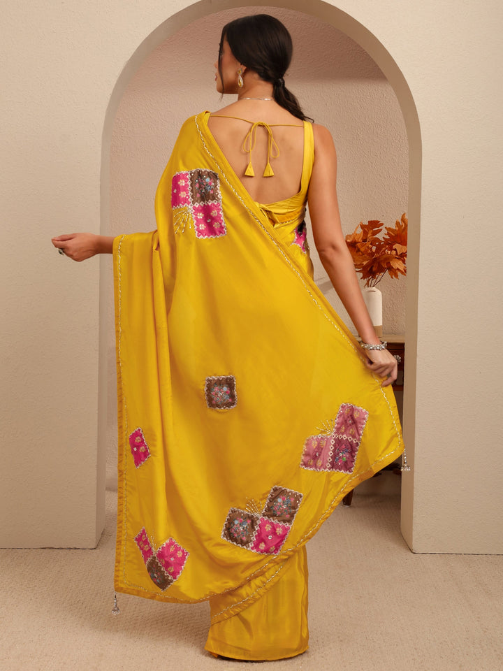 Libas Mustard Applique Embellished Satin Saree