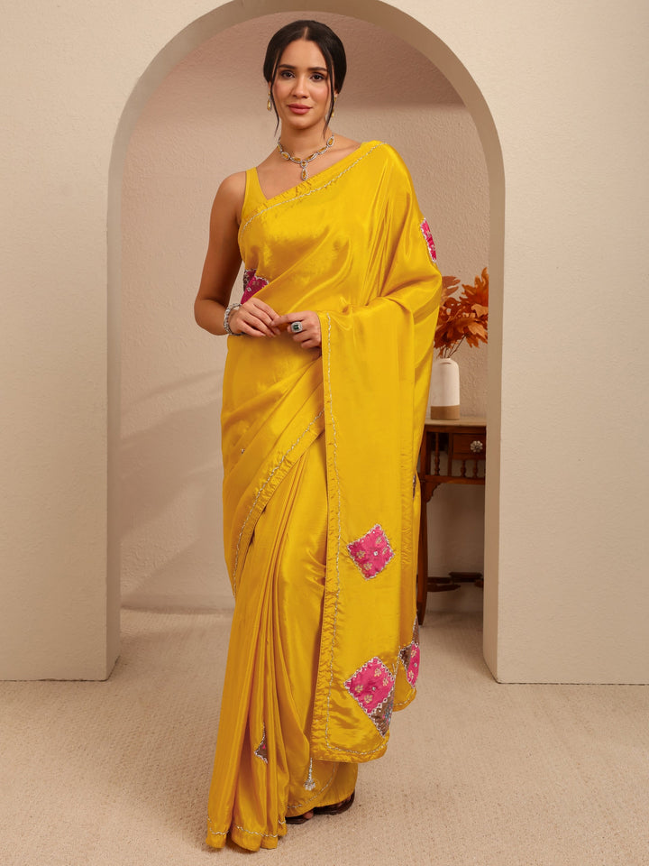 Libas Mustard Applique Embellished Satin Saree