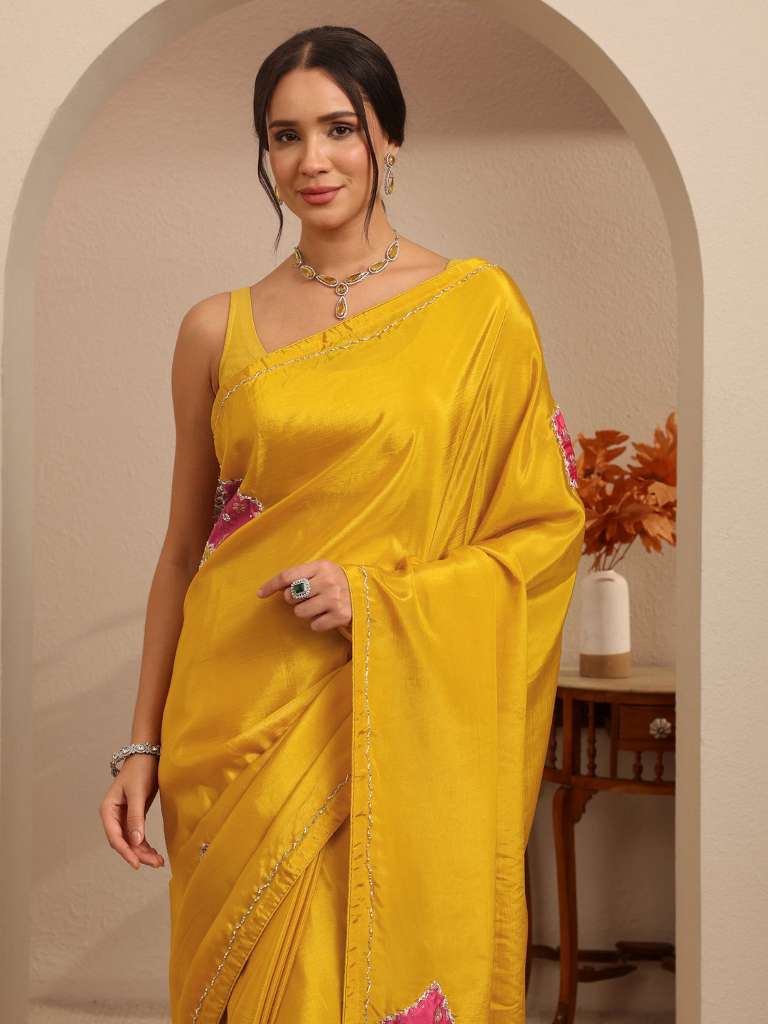 Libas Mustard Applique Embellished Satin Saree