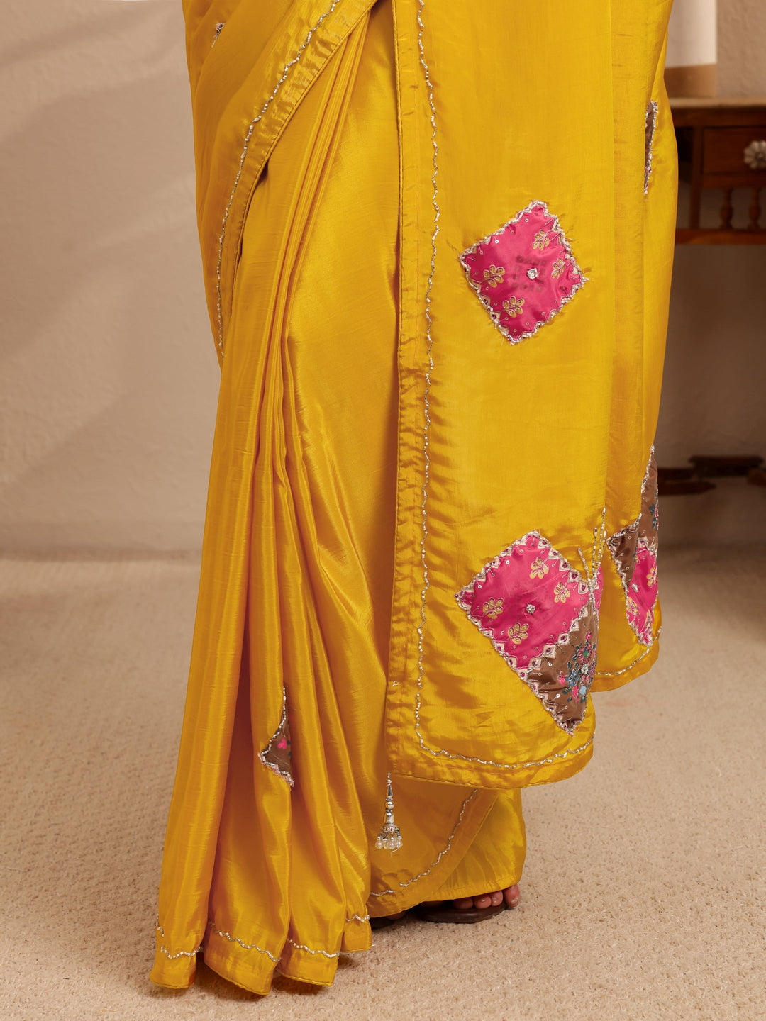 Libas Mustard Applique Embellished Satin Saree