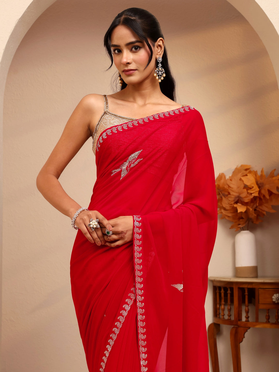 Libas Vermilion Red Georgette Saree