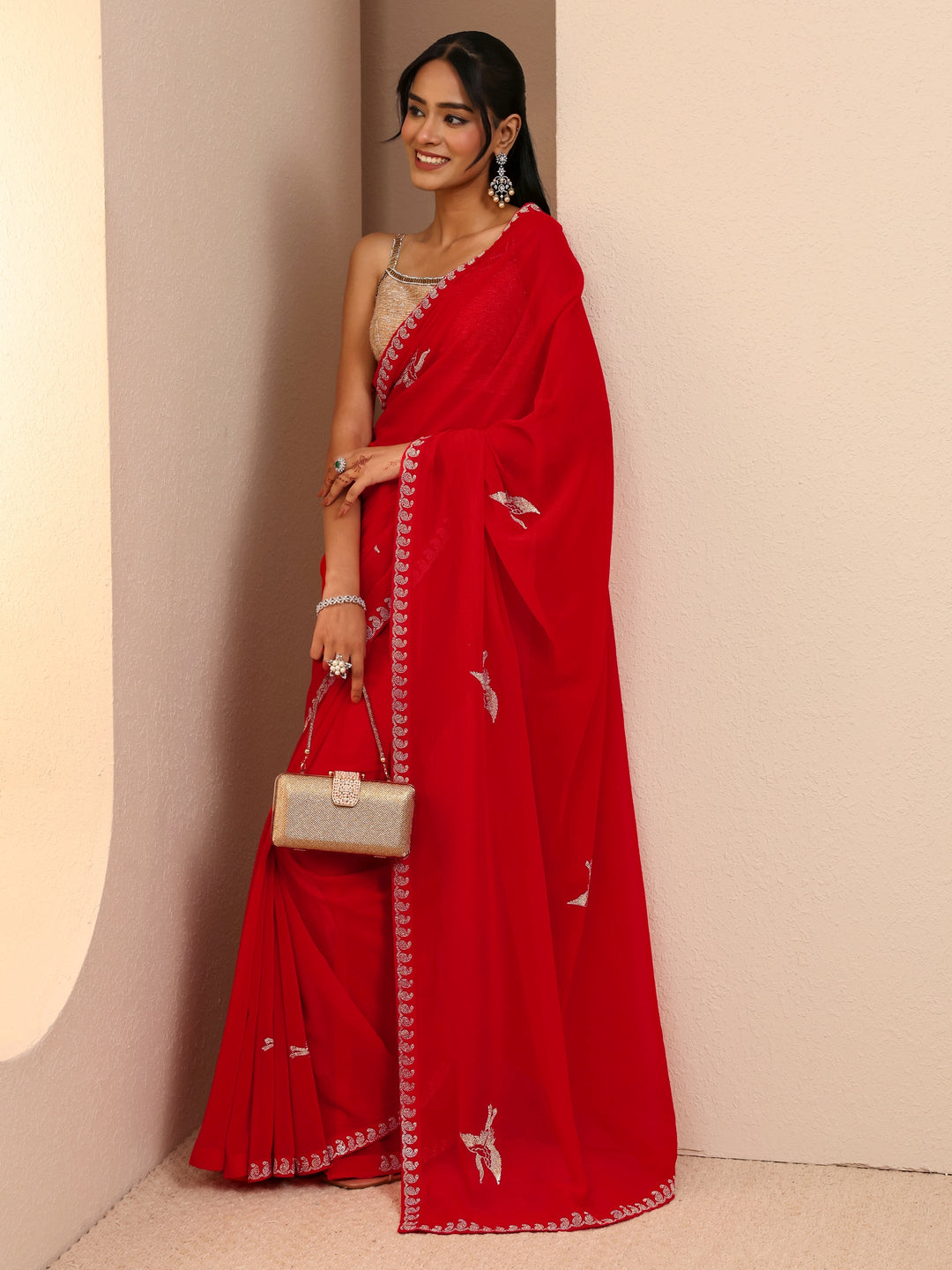 Libas Vermilion Red Georgette Saree
