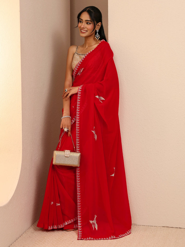 Libas Vermilion Red Georgette Saree