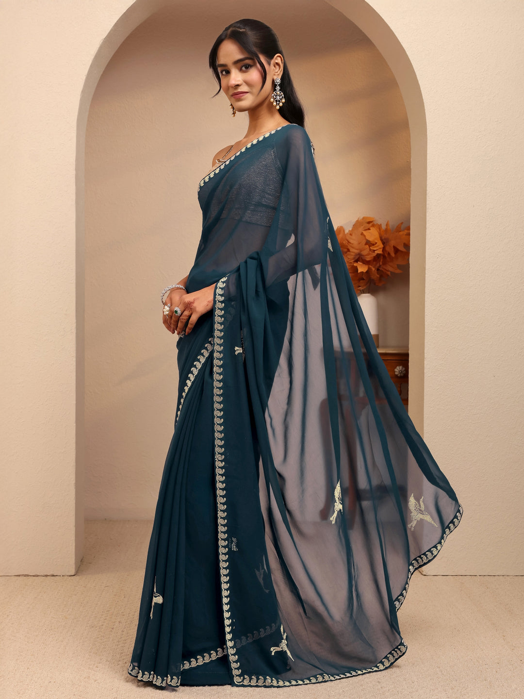 Libas Teal Blue Georgette Saree