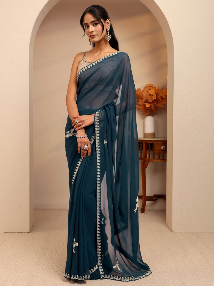 Libas Teal Blue Georgette Saree