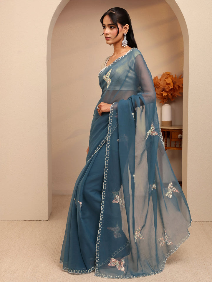 Libas Peacock Blue Tissue Saree