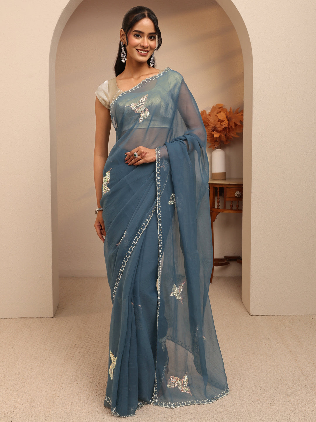 Libas Peacock Blue Tissue Saree