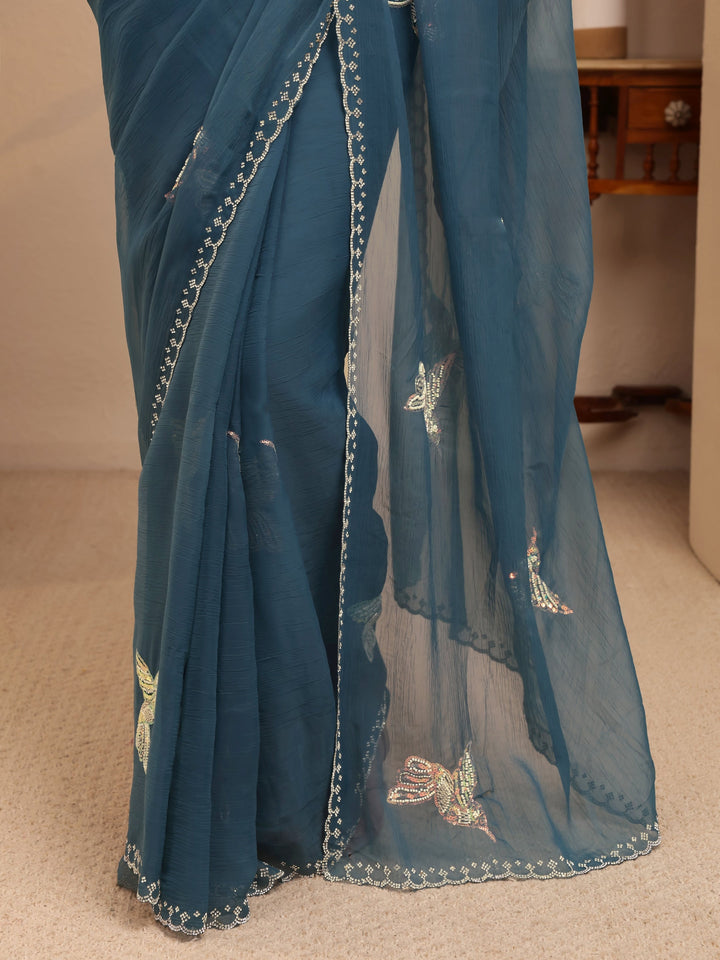 Libas Peacock Blue Tissue Saree