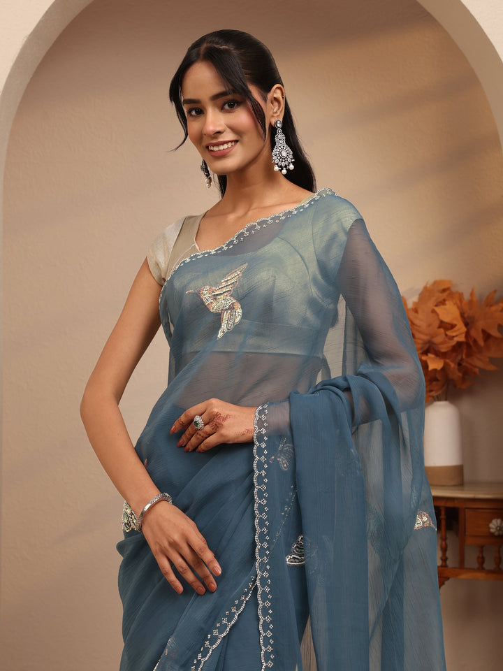 Libas Peacock Blue Tissue Saree