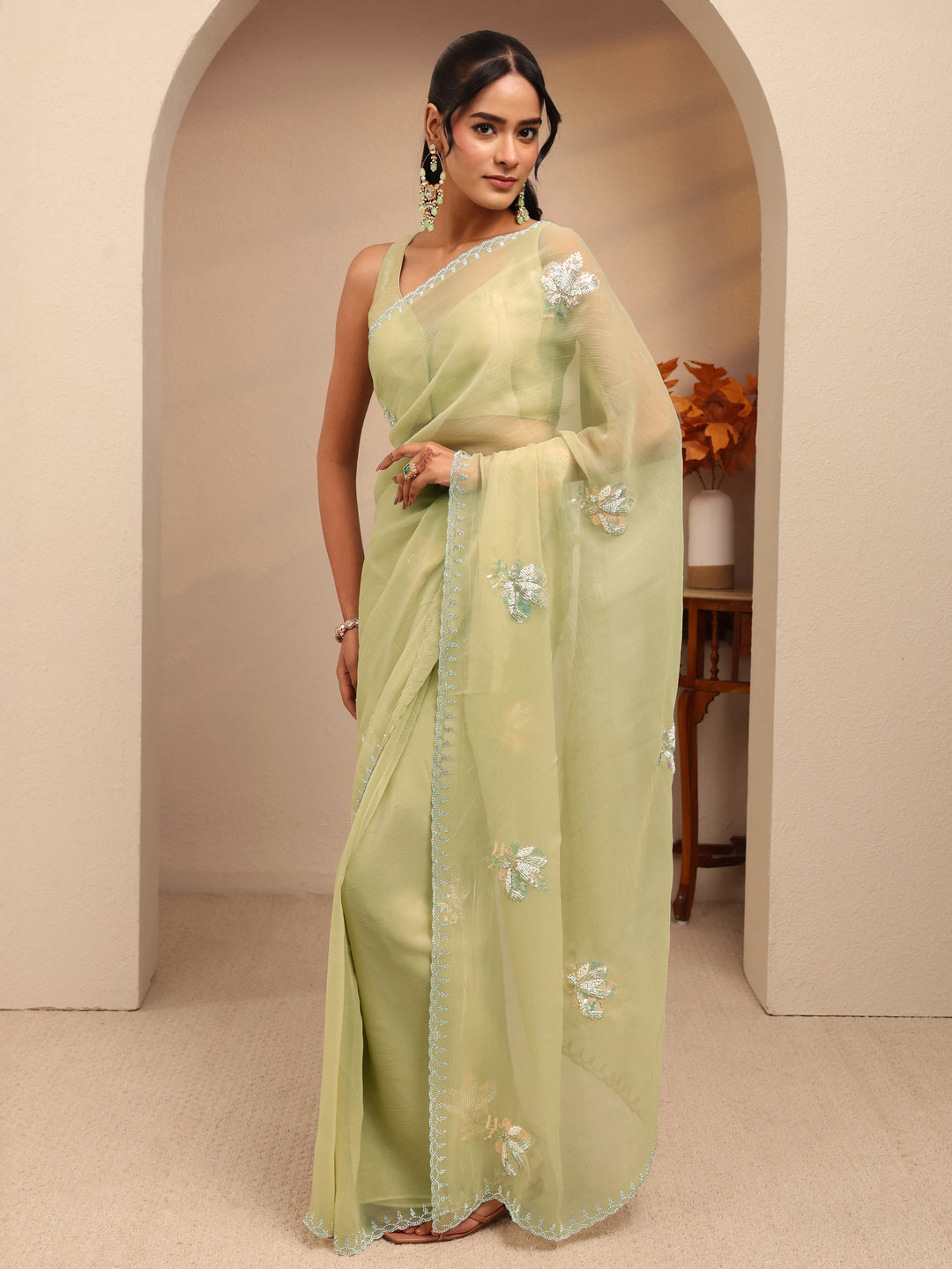 Libas Mint Green Tissue Saree