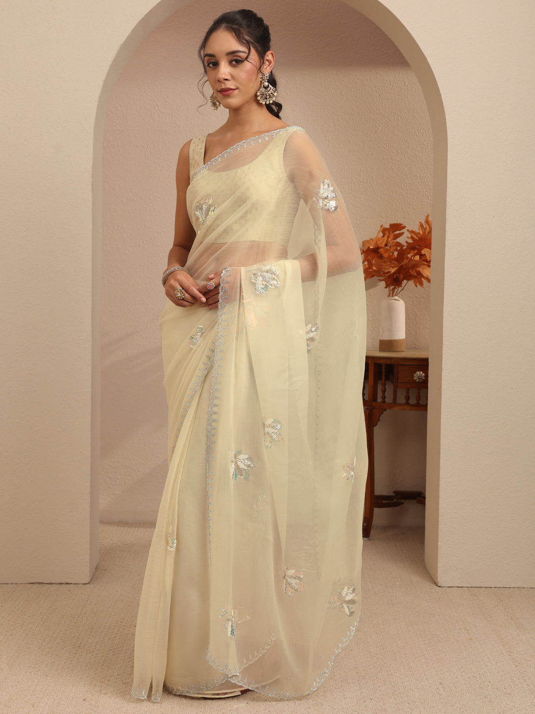 Libas Cream Tissue Saree