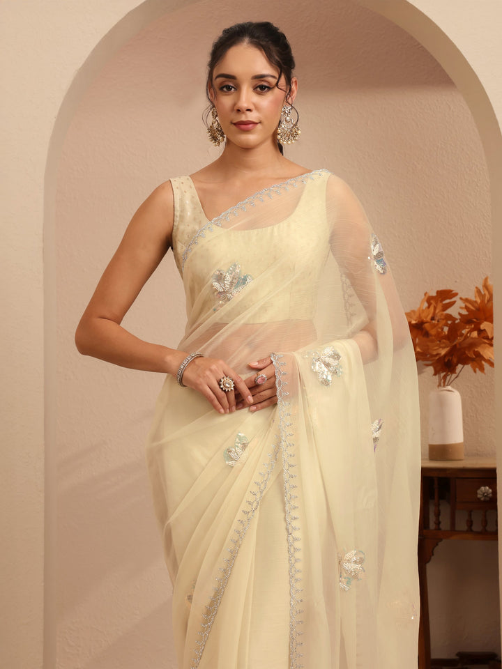 Libas Cream Tissue Saree