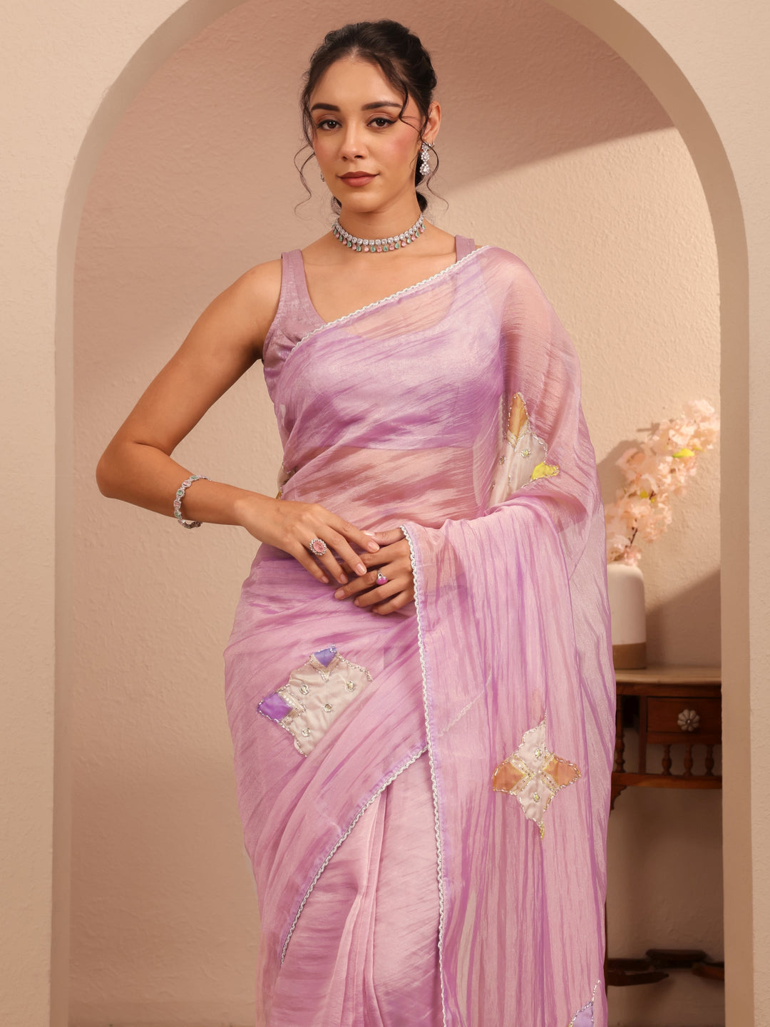 Libas Lavender Applique Embellished Organza Saree