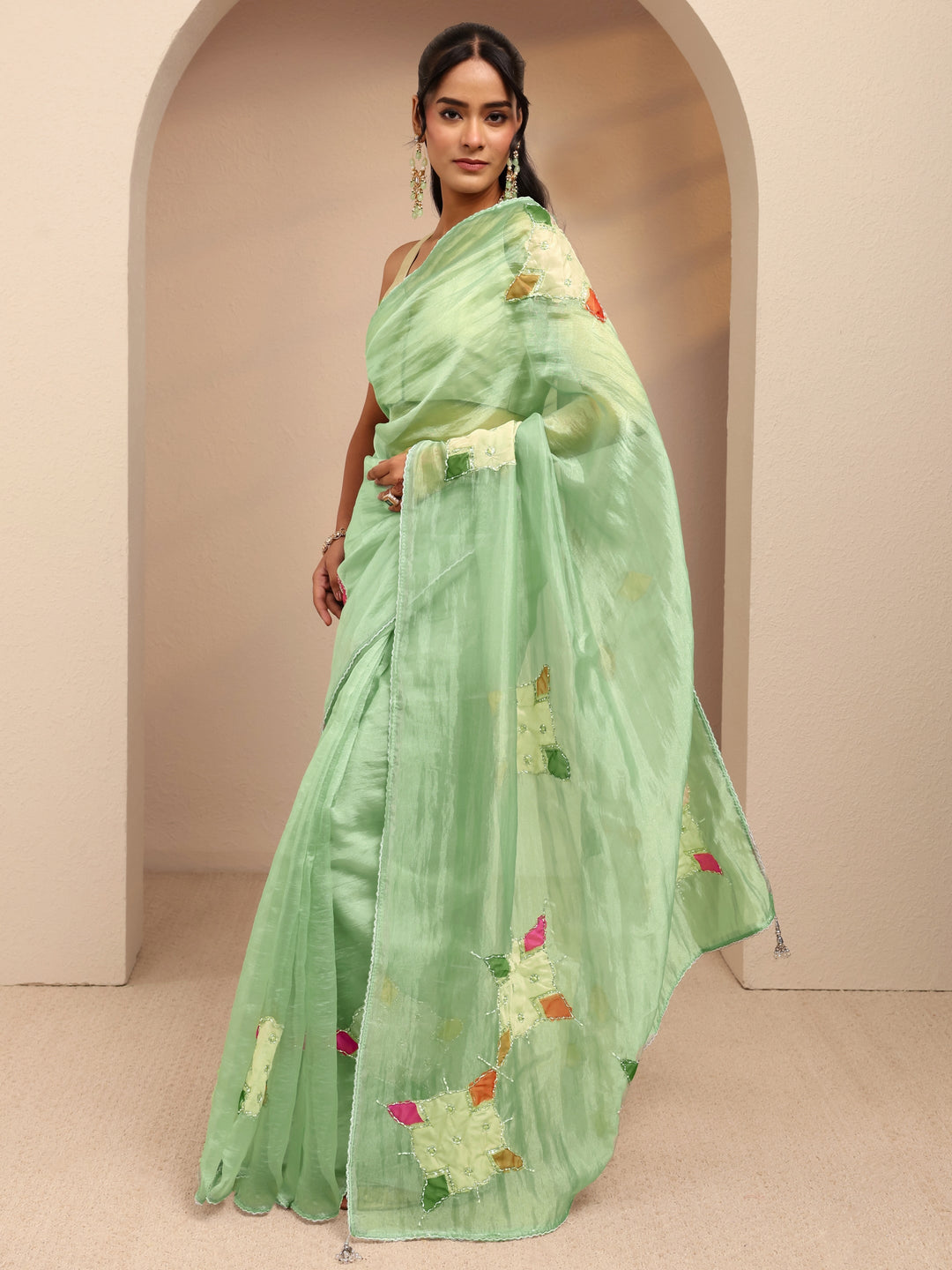 Libas Mint Green Applique Embellished Organza Saree