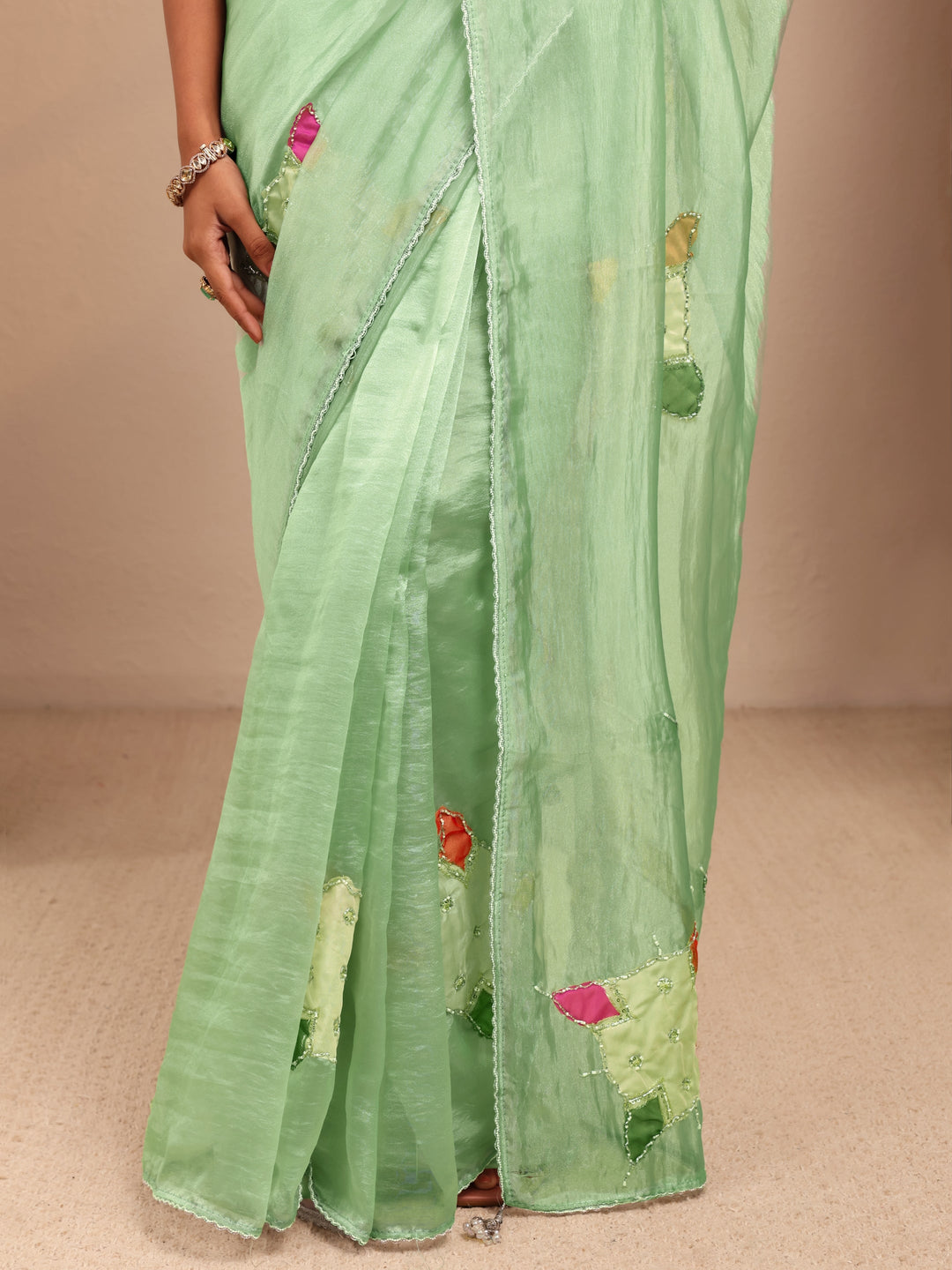 Libas Mint Green Applique Embellished Organza Saree