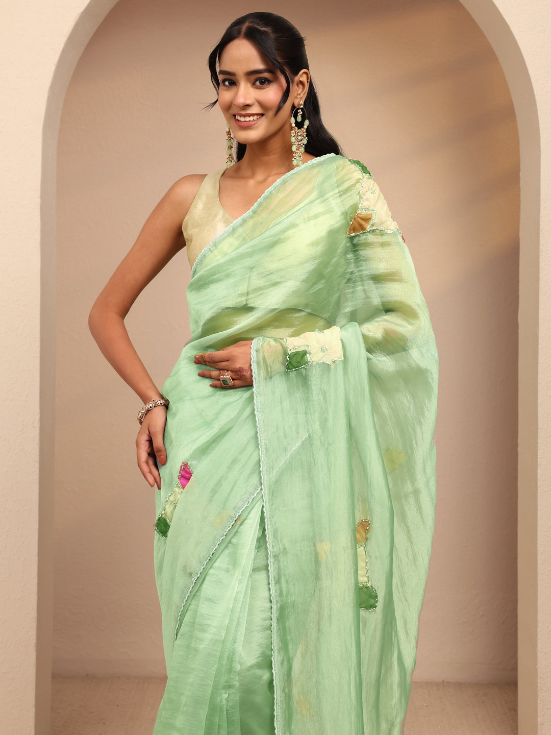 Libas Mint Green Applique Embellished Organza Saree