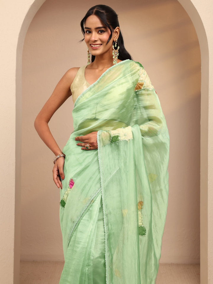 Libas Mint Green Applique Embellished Organza Saree