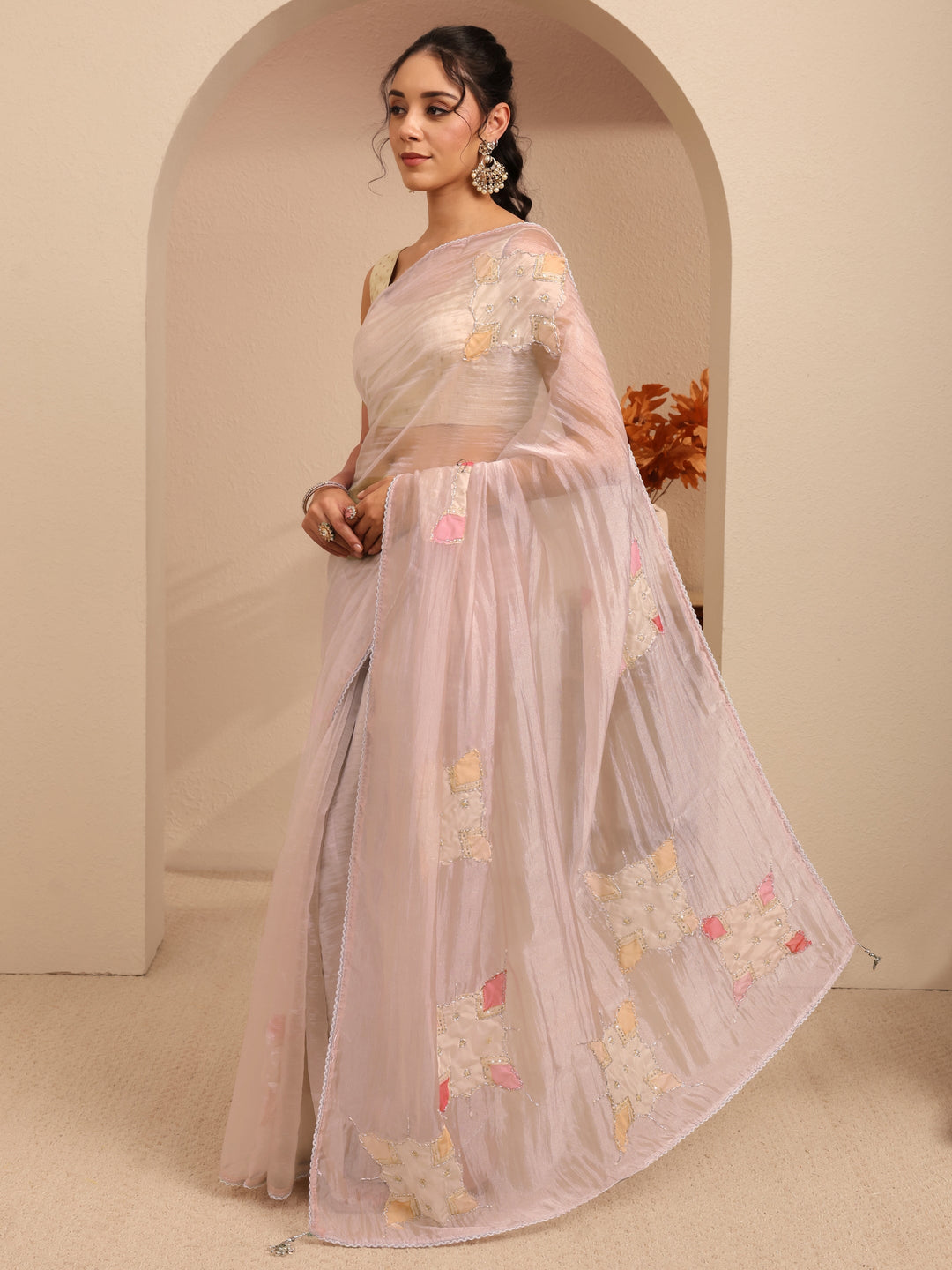 Libas Taupe Applique Embellished Organza Saree