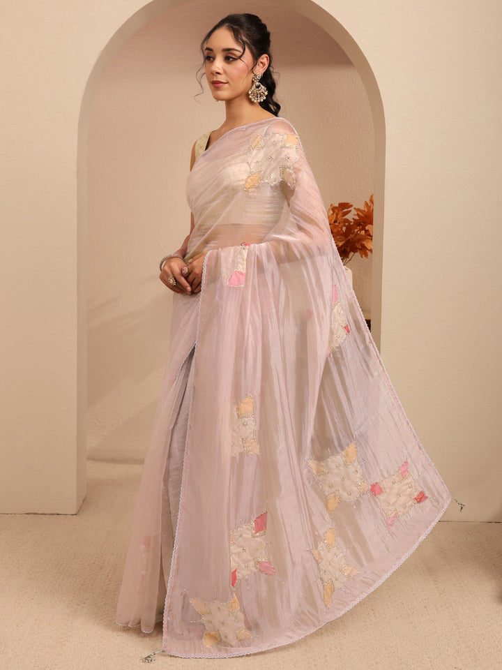 Libas Taupe Applique Embellished Organza Saree