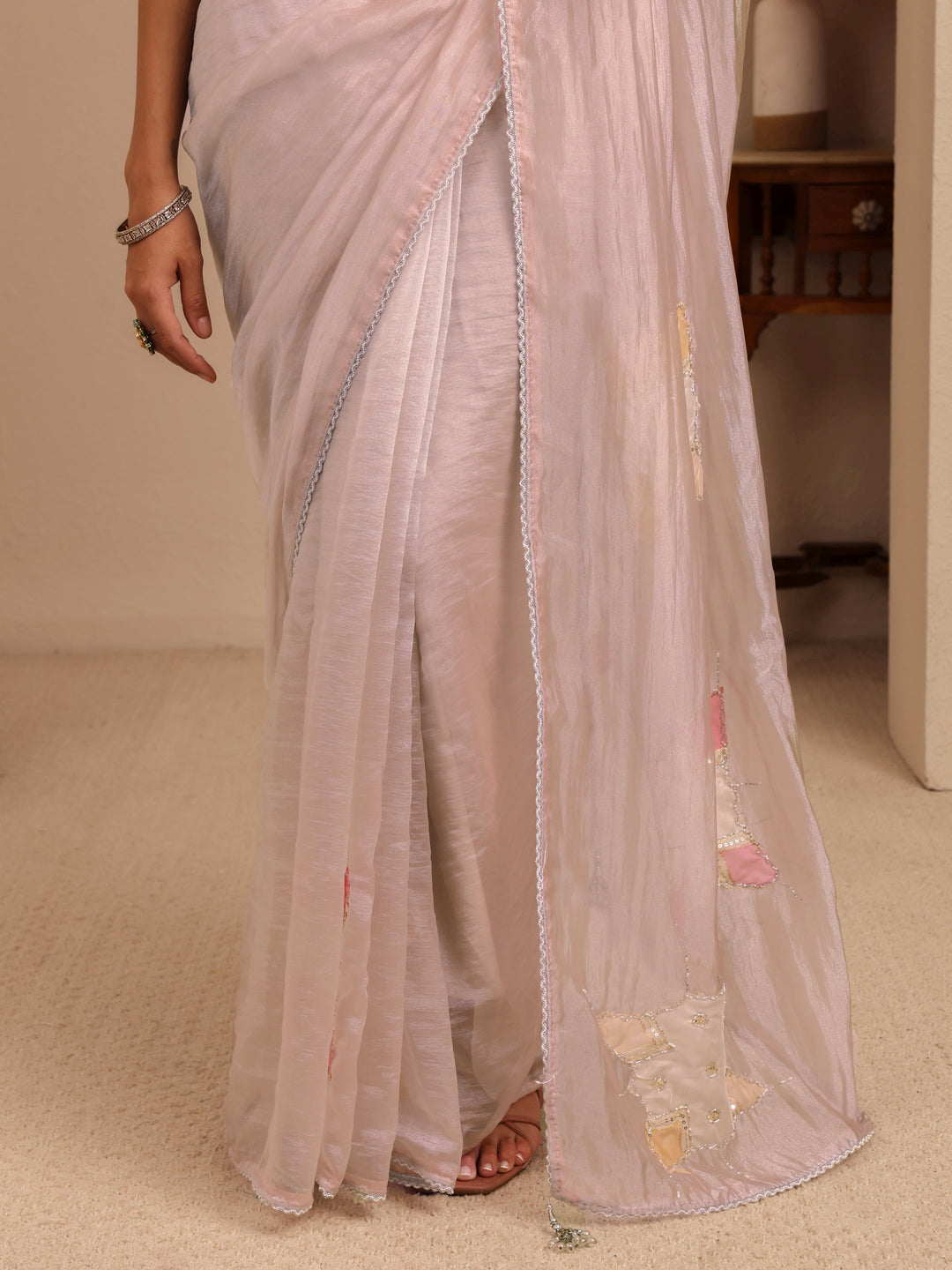 Libas Taupe Applique Embellished Organza Saree
