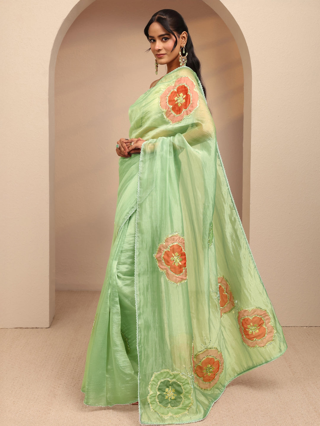 Libas Mint Green Floral Embellished Organza Saree