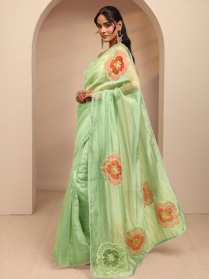 Libas Mint Green Floral Embellished Organza Saree