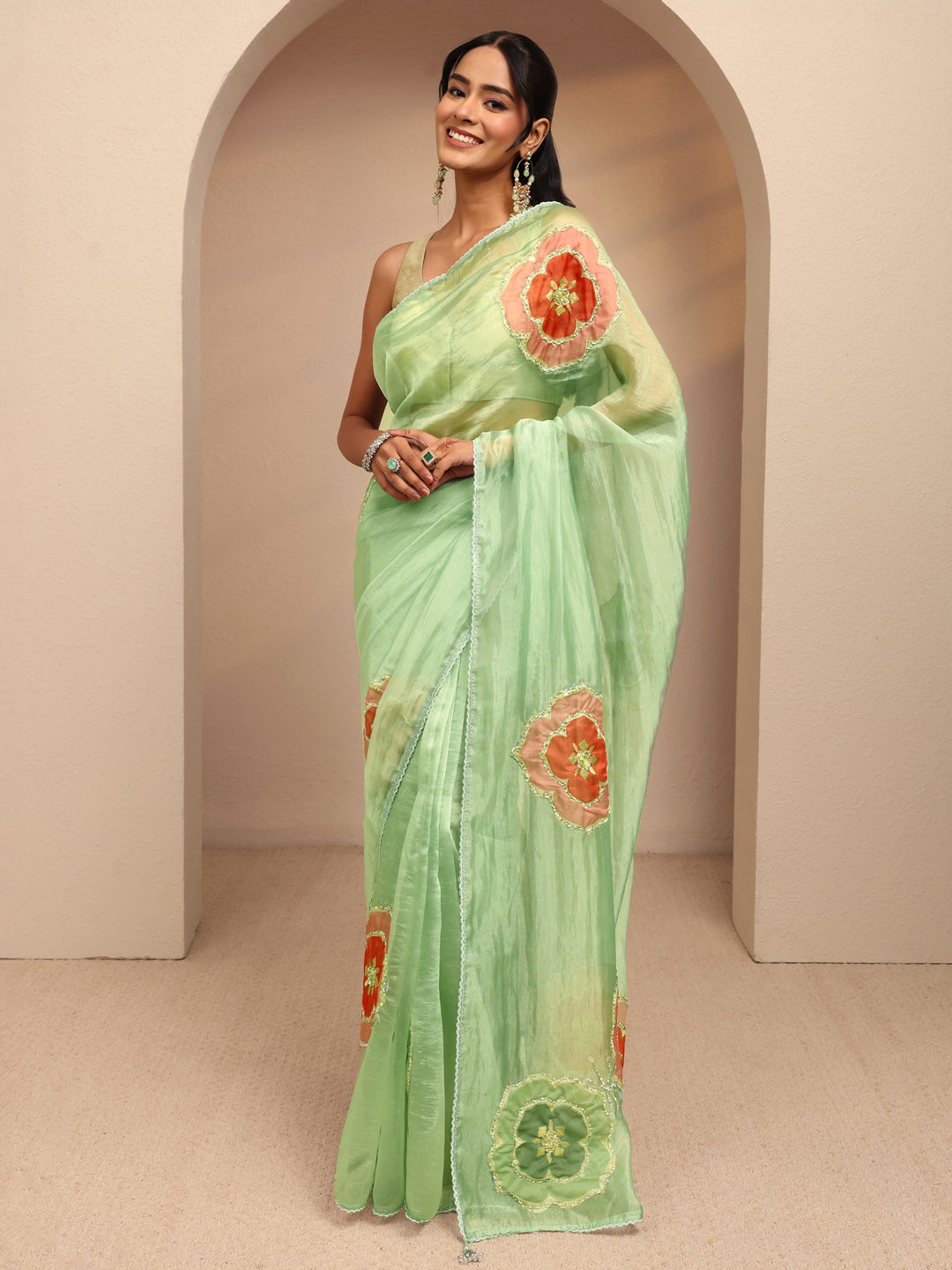 Libas Mint Green Floral Embellished Organza Saree