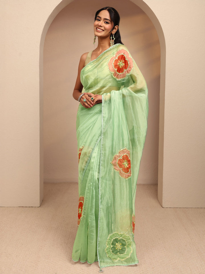 Libas Mint Green Floral Embellished Organza Saree