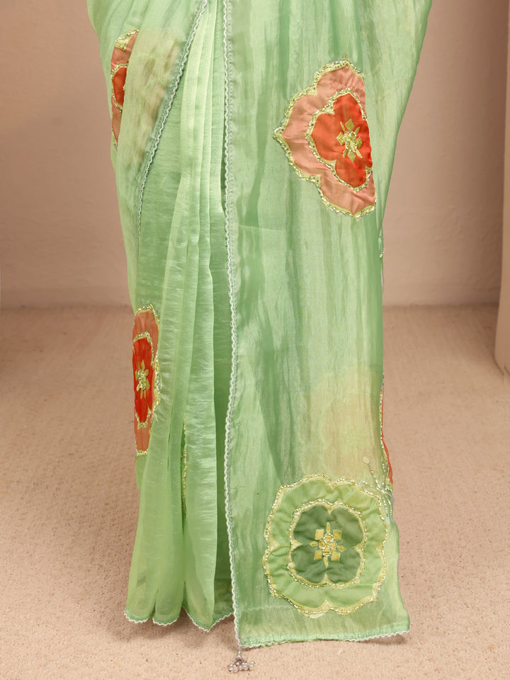 Libas Mint Green Floral Embellished Organza Saree
