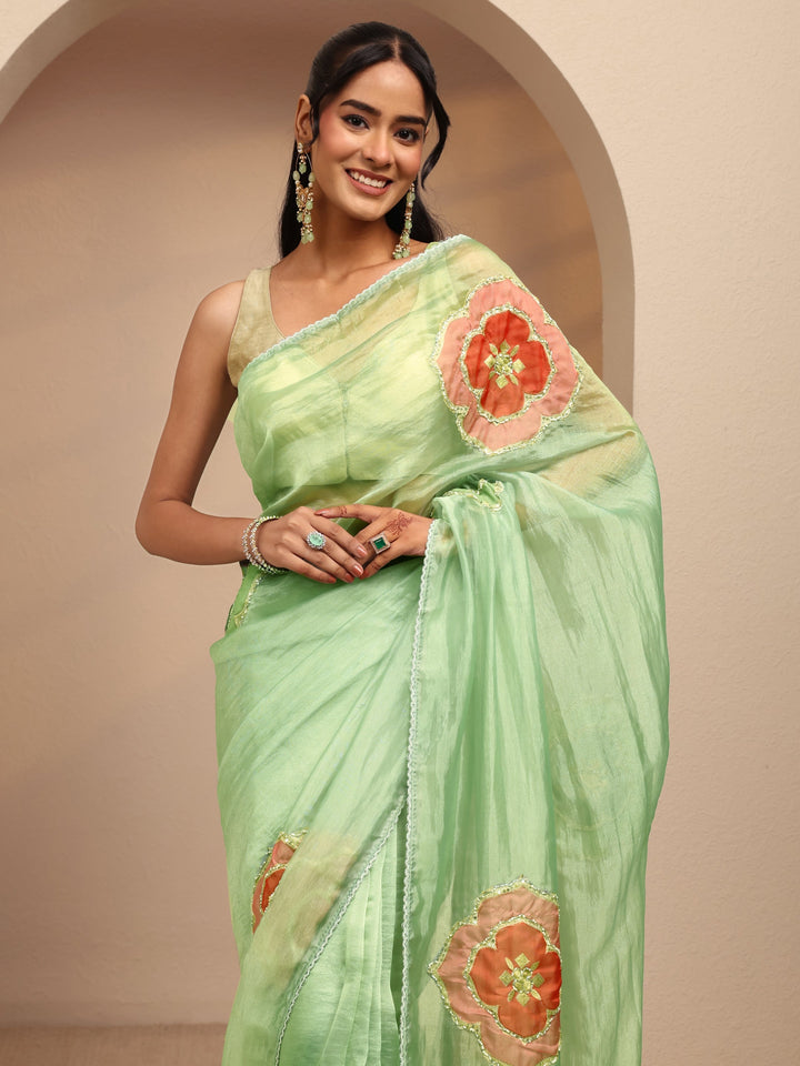 Libas Mint Green Floral Embellished Organza Saree