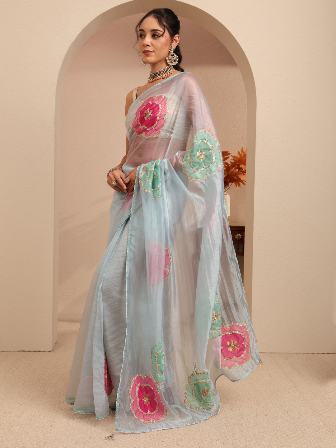 Libas Powder Blue Floral Embellished Organza Saree