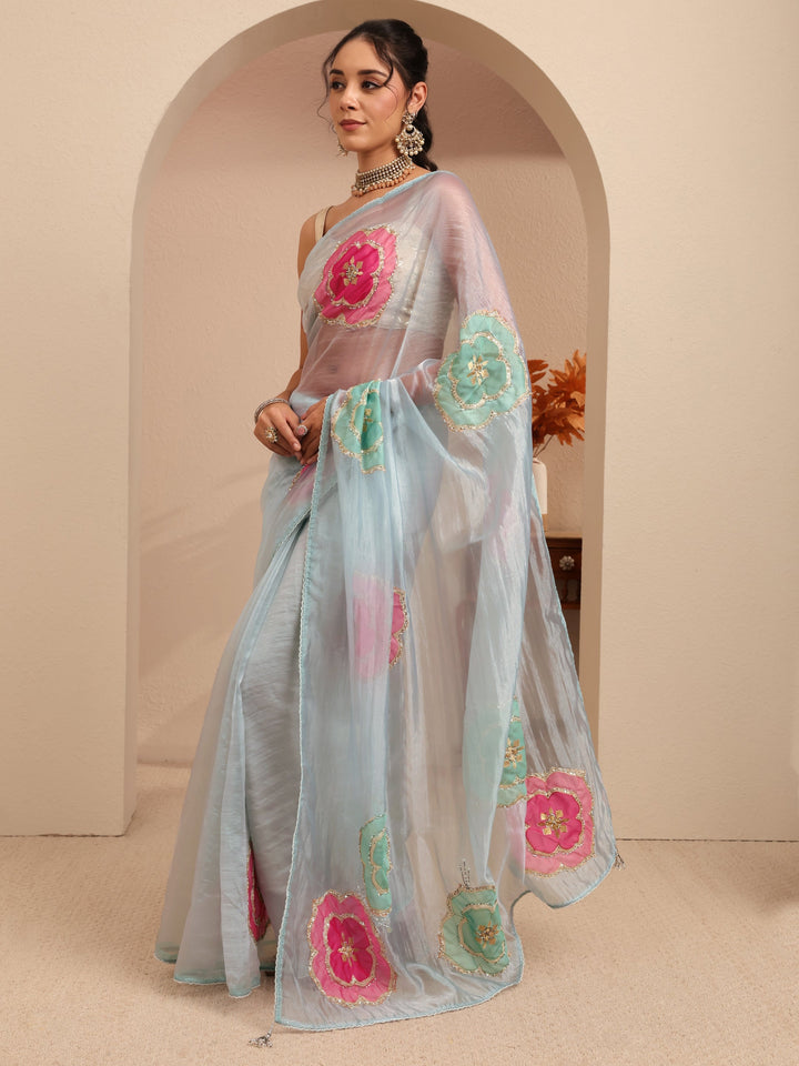Libas Powder Blue Floral Embellished Organza Saree