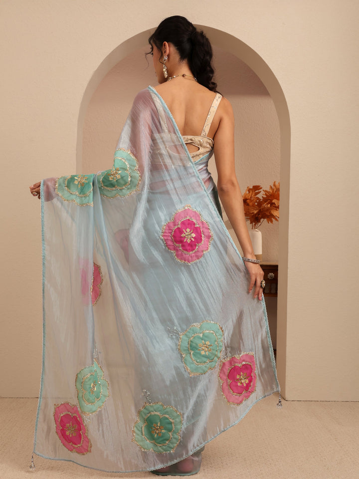 Libas Powder Blue Floral Embellished Organza Saree