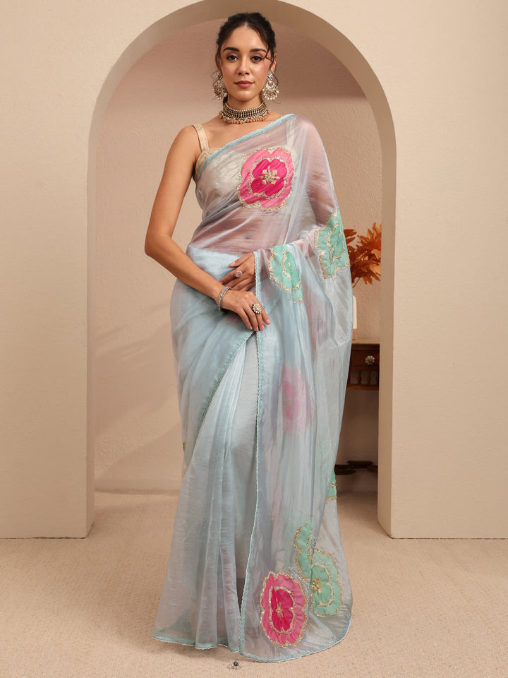 Libas Powder Blue Floral Embellished Organza Saree