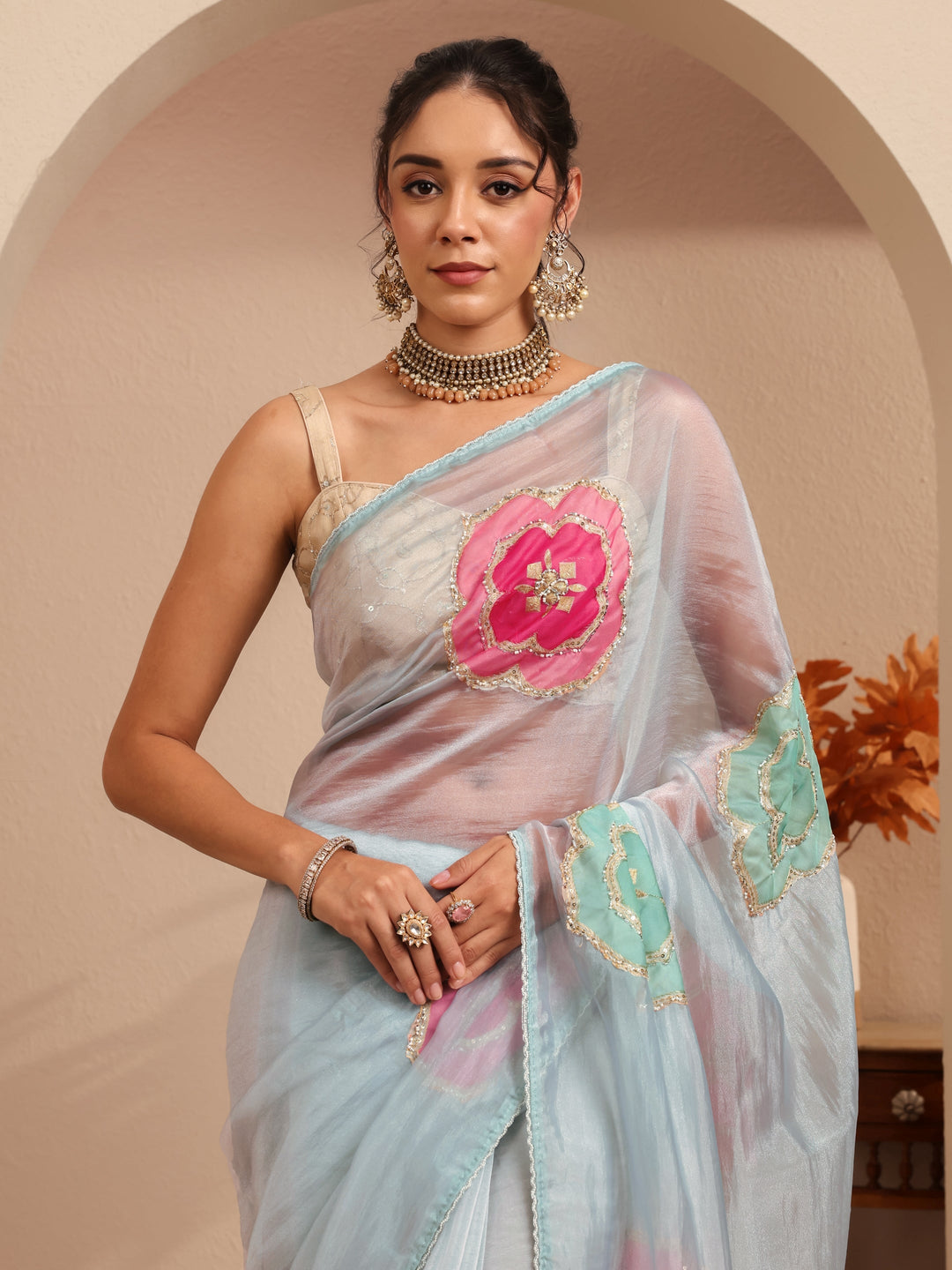 Libas Powder Blue Floral Embellished Organza Saree