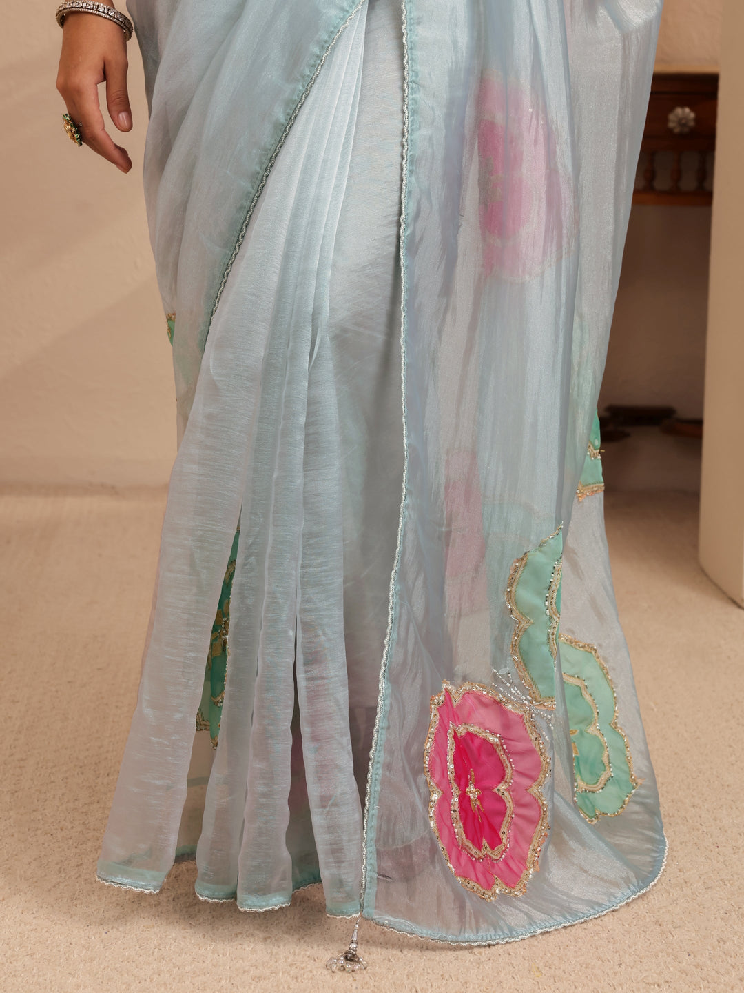 Libas Powder Blue Floral Embellished Organza Saree