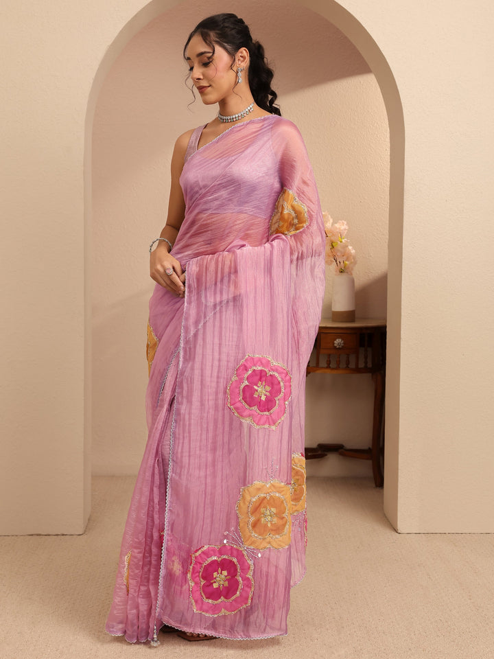Libas Rose Pink Floral Embellished Organza Saree