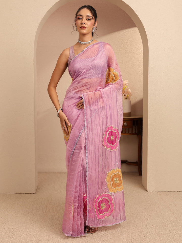 Libas Rose Pink Floral Embellished Organza Saree